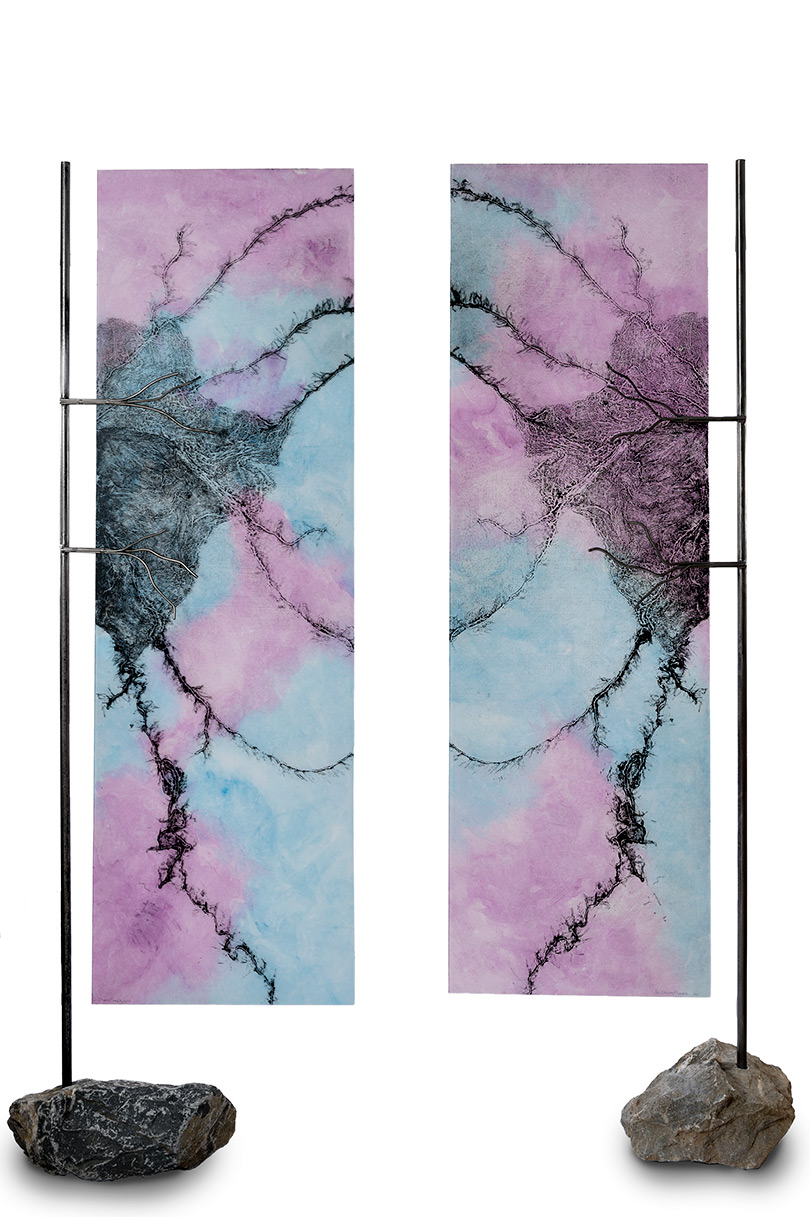 Collograph, plexiglass, stone and welded steel, 72” x 20” per panel