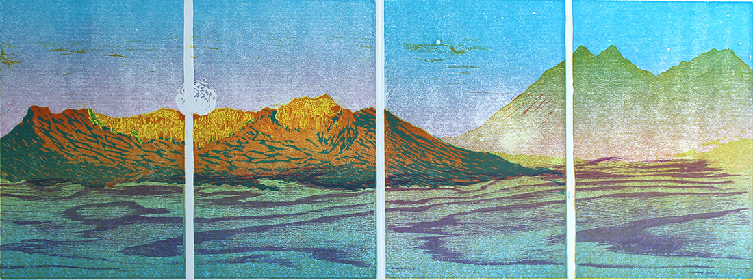 Reduction linoleum block with woodcut, 12” x 37”